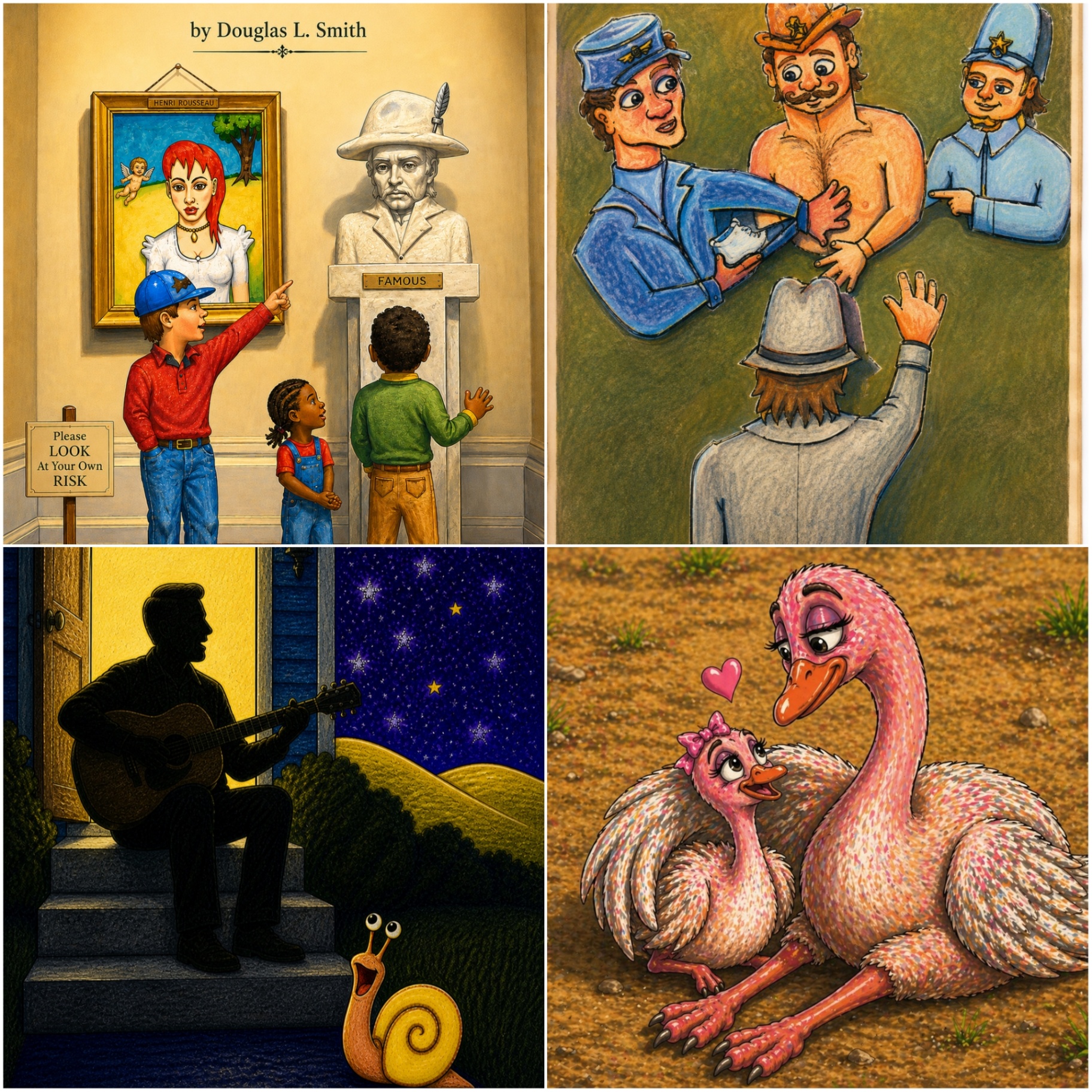 Four pieces of artwork from Dinosaurs Chasing Rainbows by Douglas L. Smith