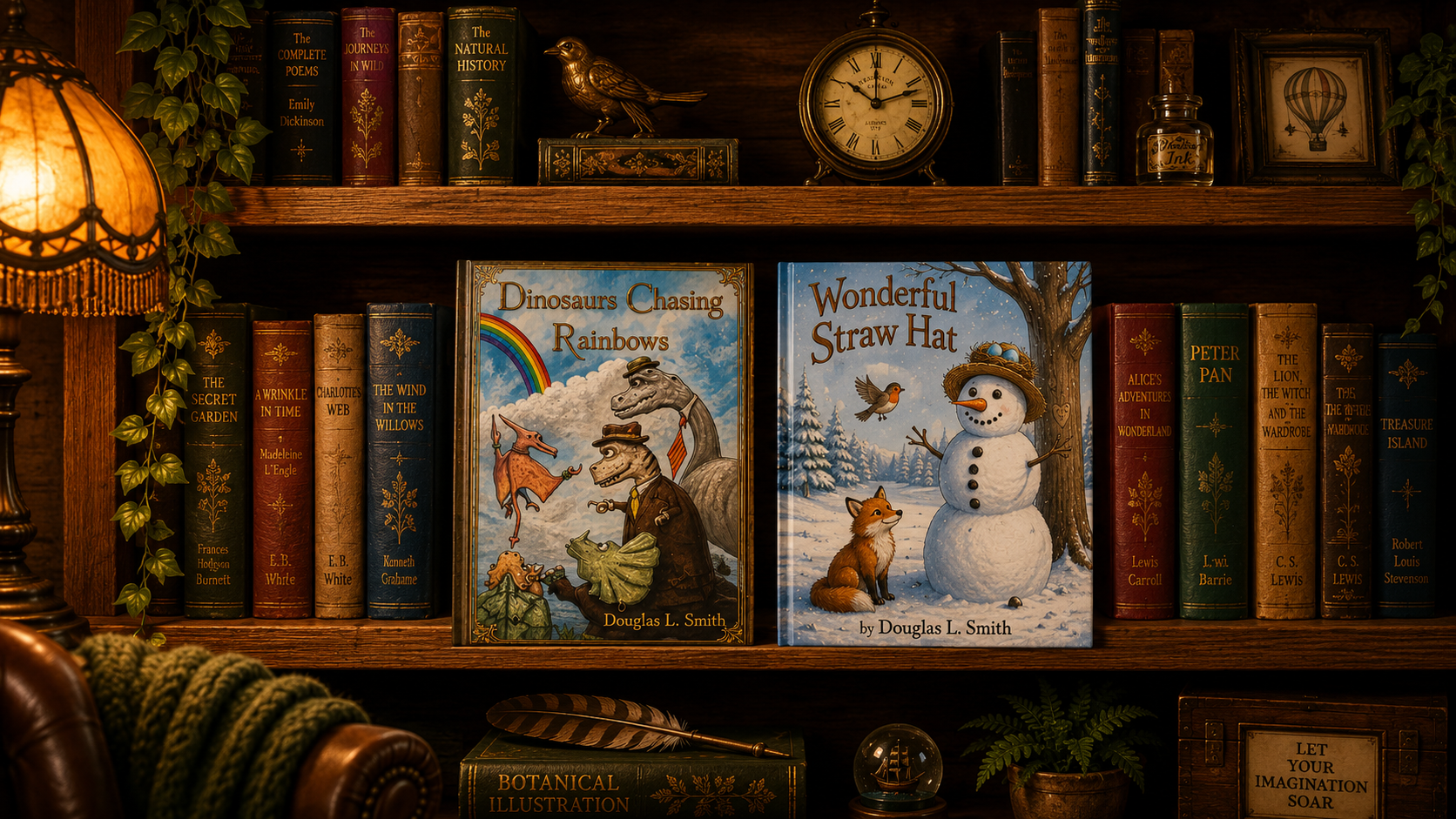 A warm Victorian library bookshelf displaying Dug Deeply Productions picture books beside classic titles